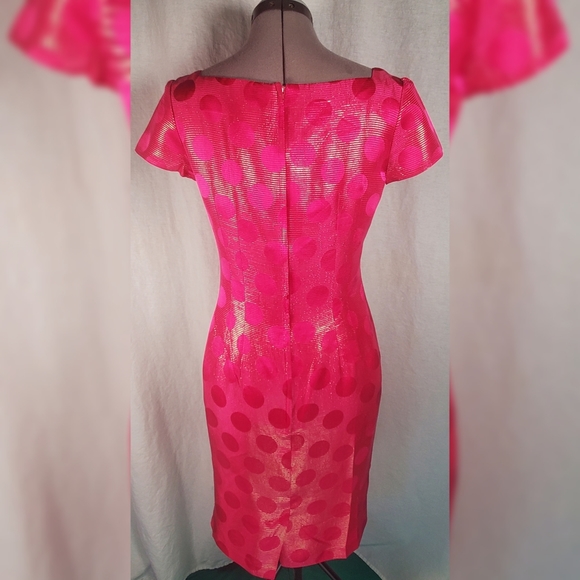 Pink Polka Dot Metalic Gold Silk Vtg Dress XS - Picture 5 of 11